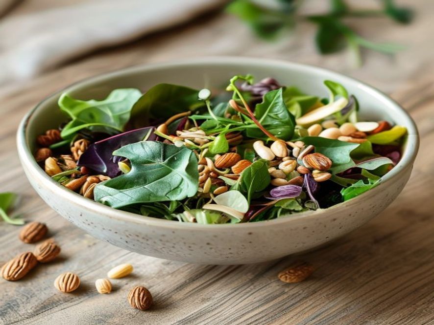 Bowl of mixed salad with nuts and herbs on a light wooden surface