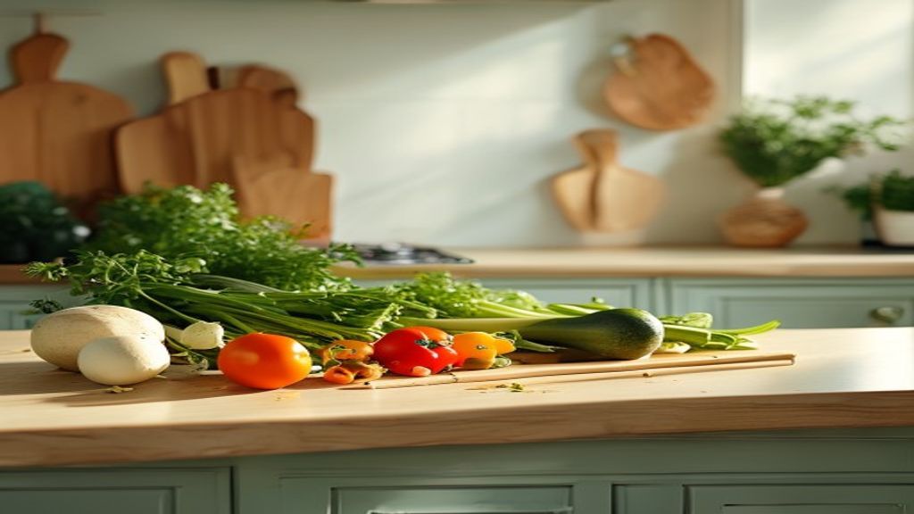 Bright kitchen with fresh seasonal vegetables on wooden table