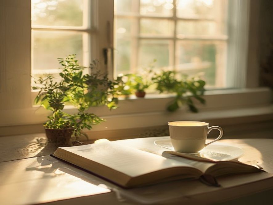 Warm kitchen table with tea, notebook, and fresh herbs in soft morning light